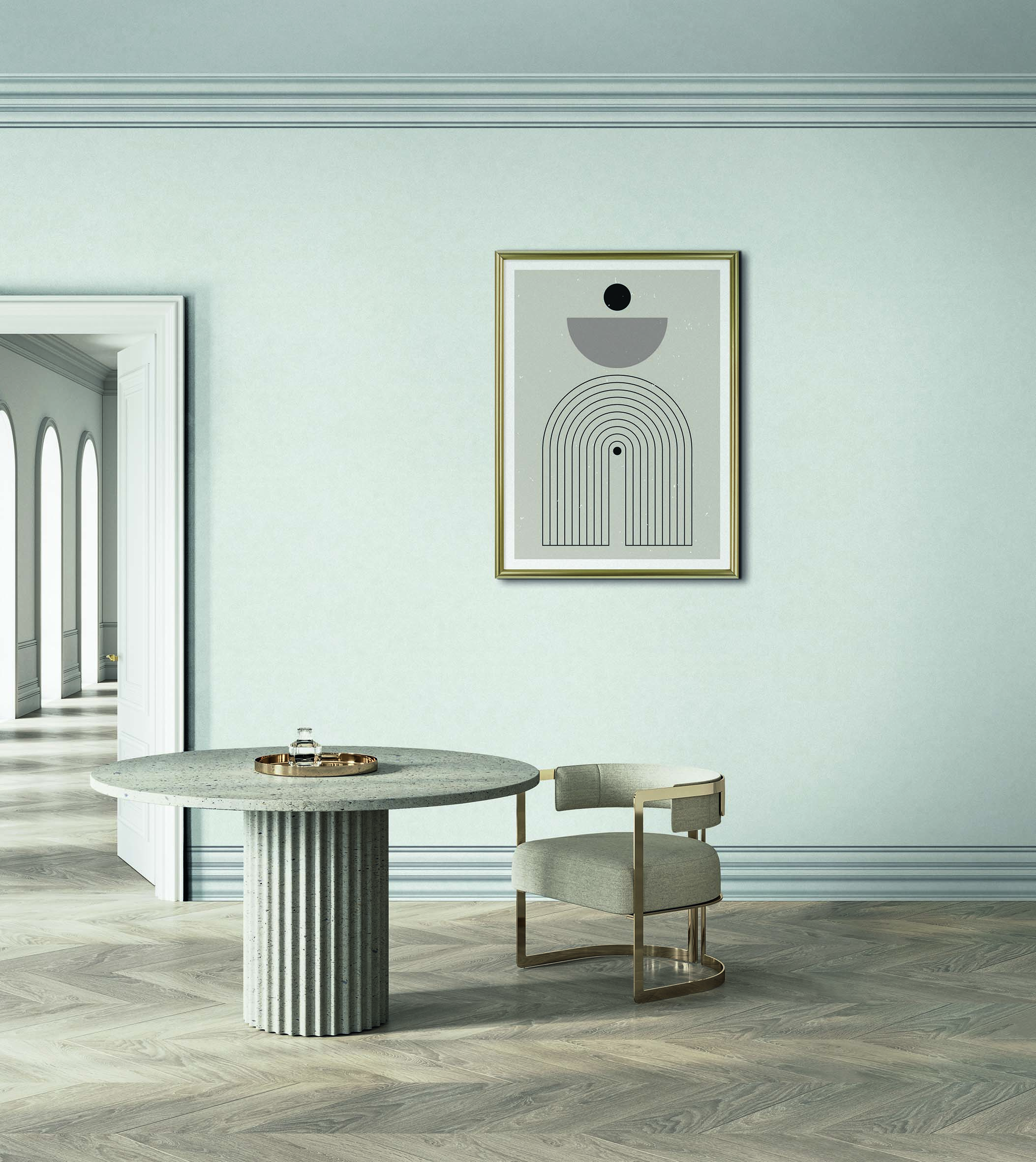 White,Classic,Interior,With,Round,Table,,Chair,And,Moldings.,3d