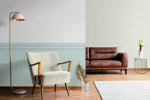 Pink,Lamp,Next,To,Armchair,In,Grey,Apartment,Interior,With