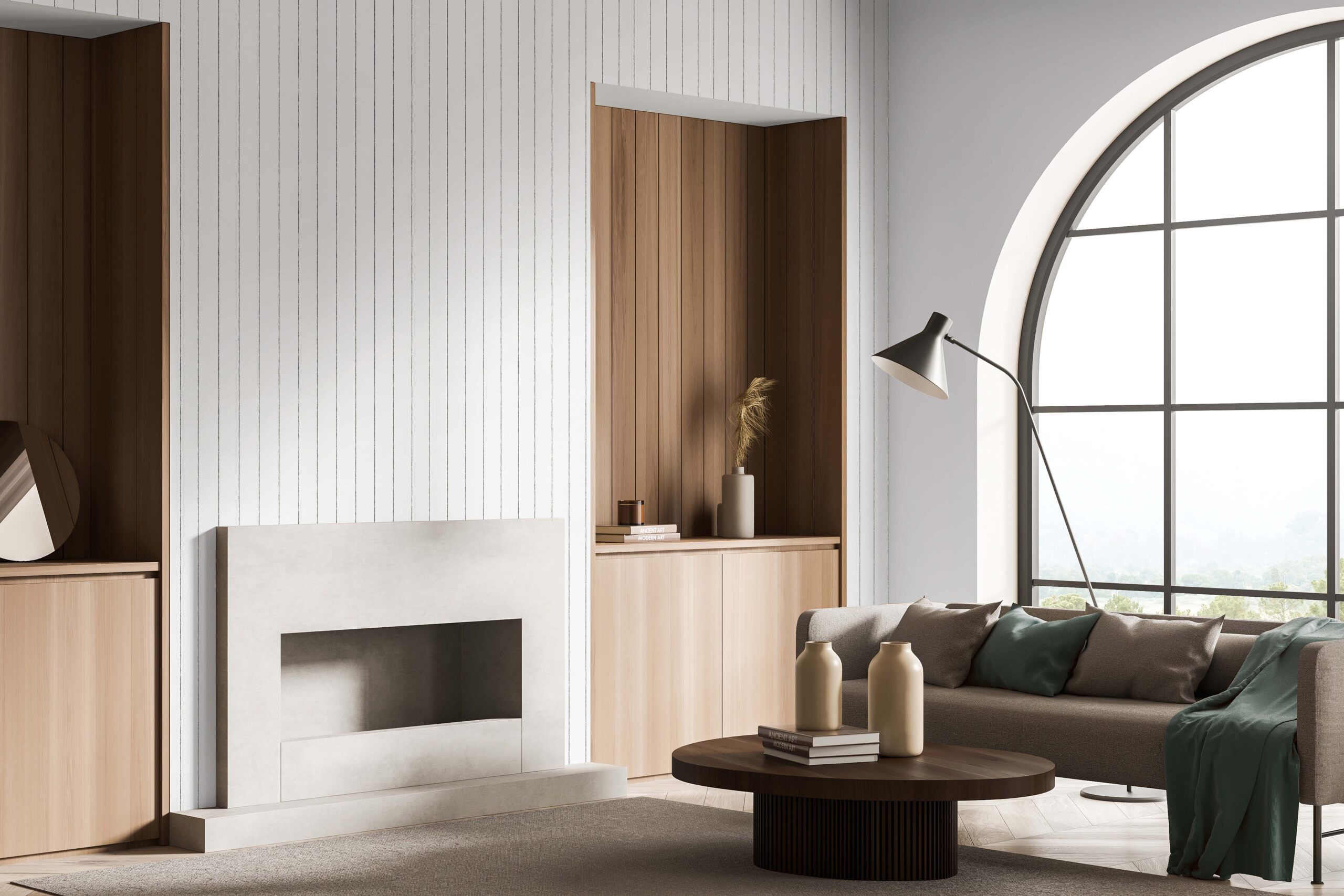Mock,Up,Canvas,Over,Fireplace,,Two,Niches,,Arch,Window,,Minimalist