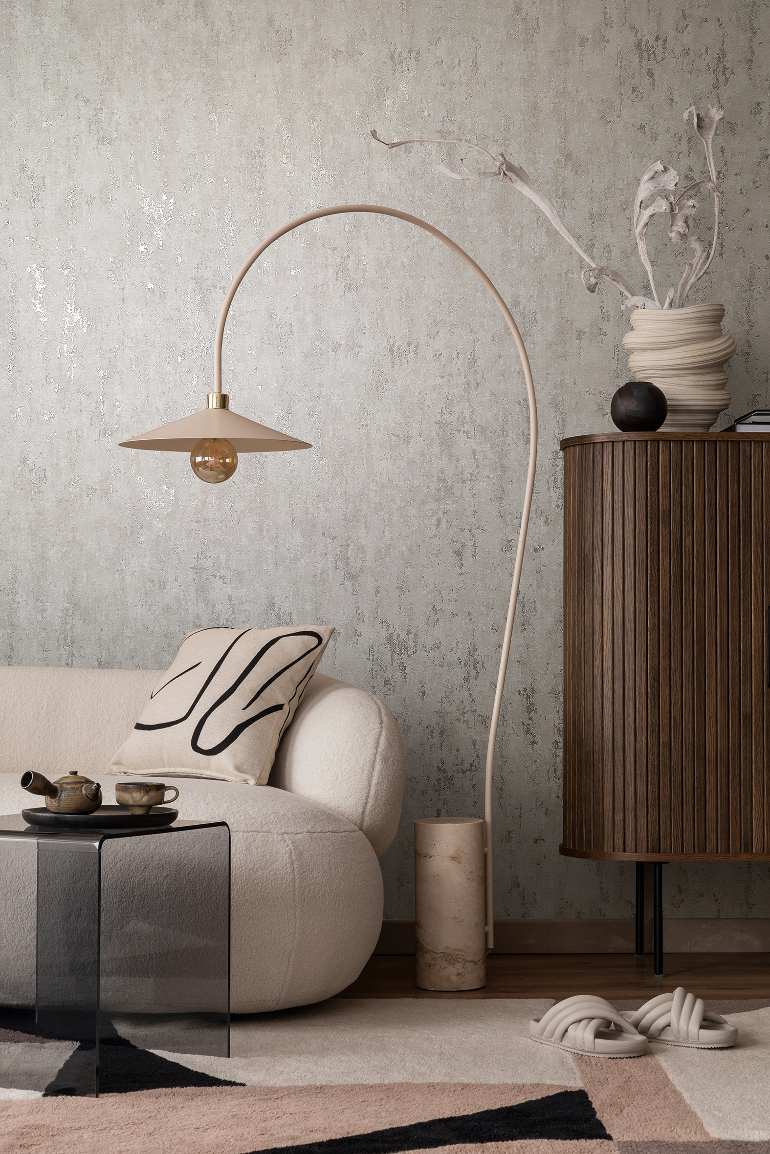 Interior,Design,Of,Stylish,Living,Room,With,Boucle,Sofa,,Glass